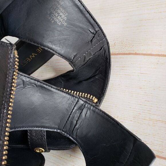 Nine West Leather Mohawkit Peep Toe Heeled Ankle Boots Booties Buckle Black 8M - Picture 13 of 16